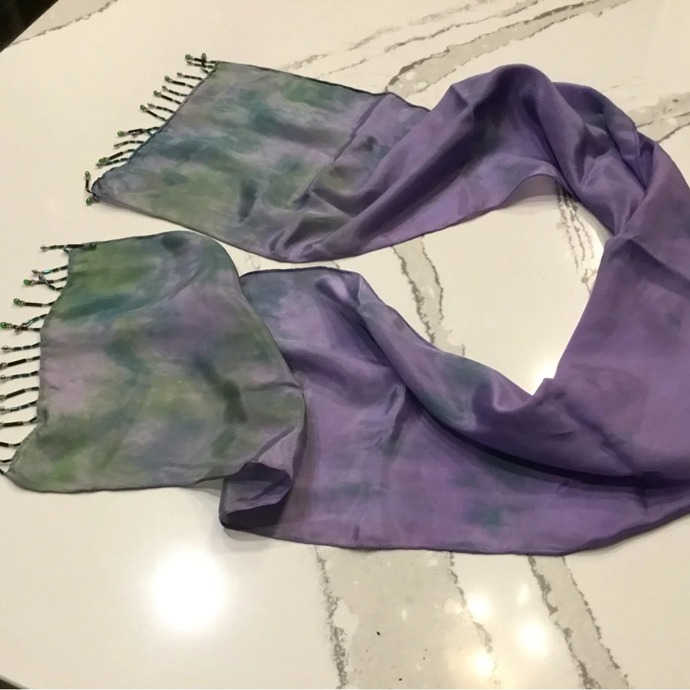 Purple & Green Silk Scarf with Trim - Picture 5 of 5